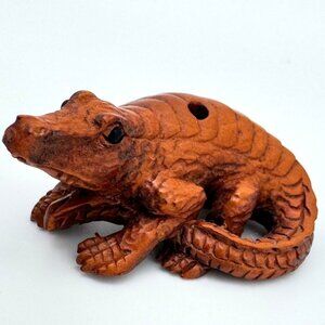 Ojime Bead Netsuke Alligator Crocodile Boxwood Signed Figurine